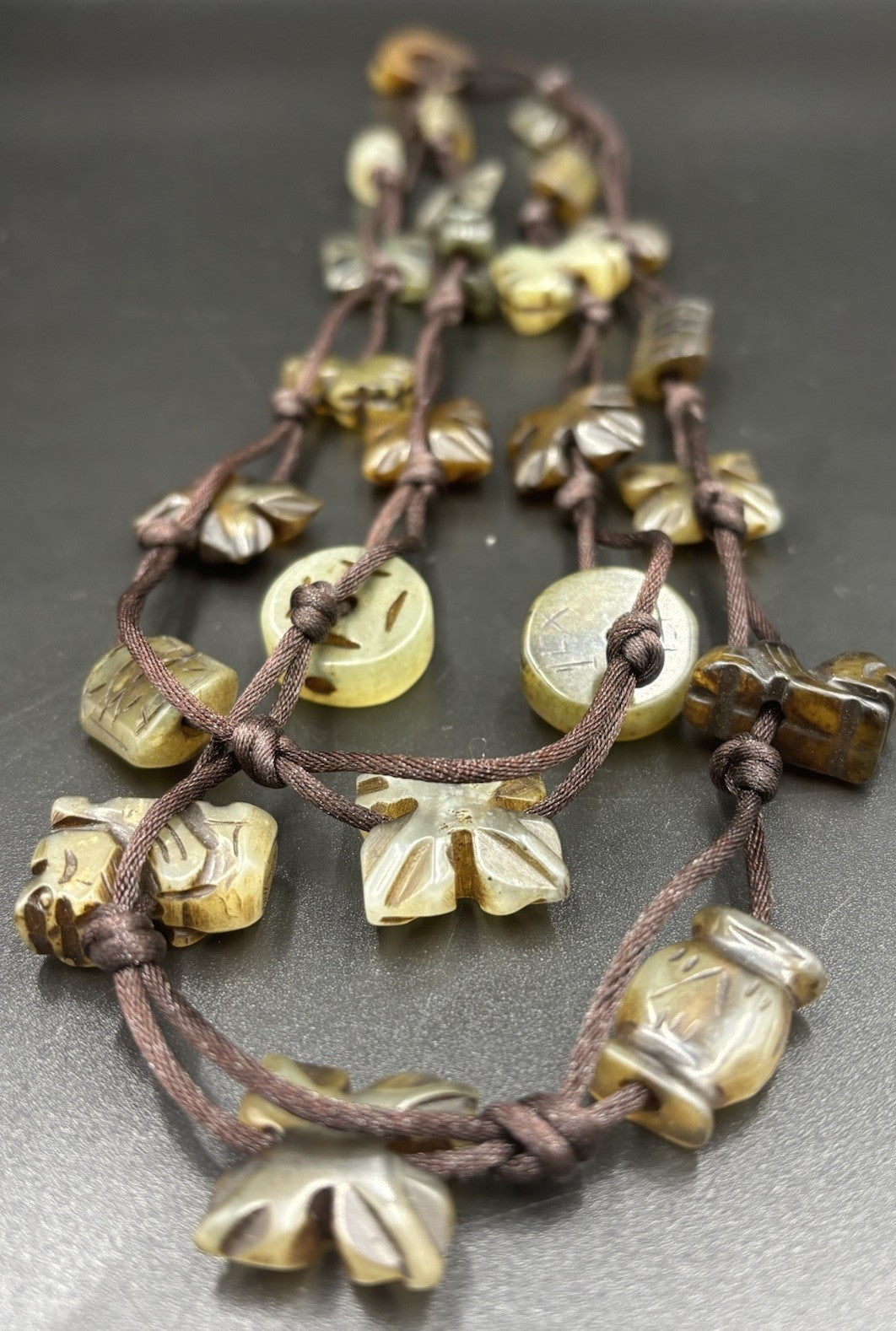 Vintage Serpentine Stone Necklace Carved Tribal Folk Beads Multi Strand Jewelry