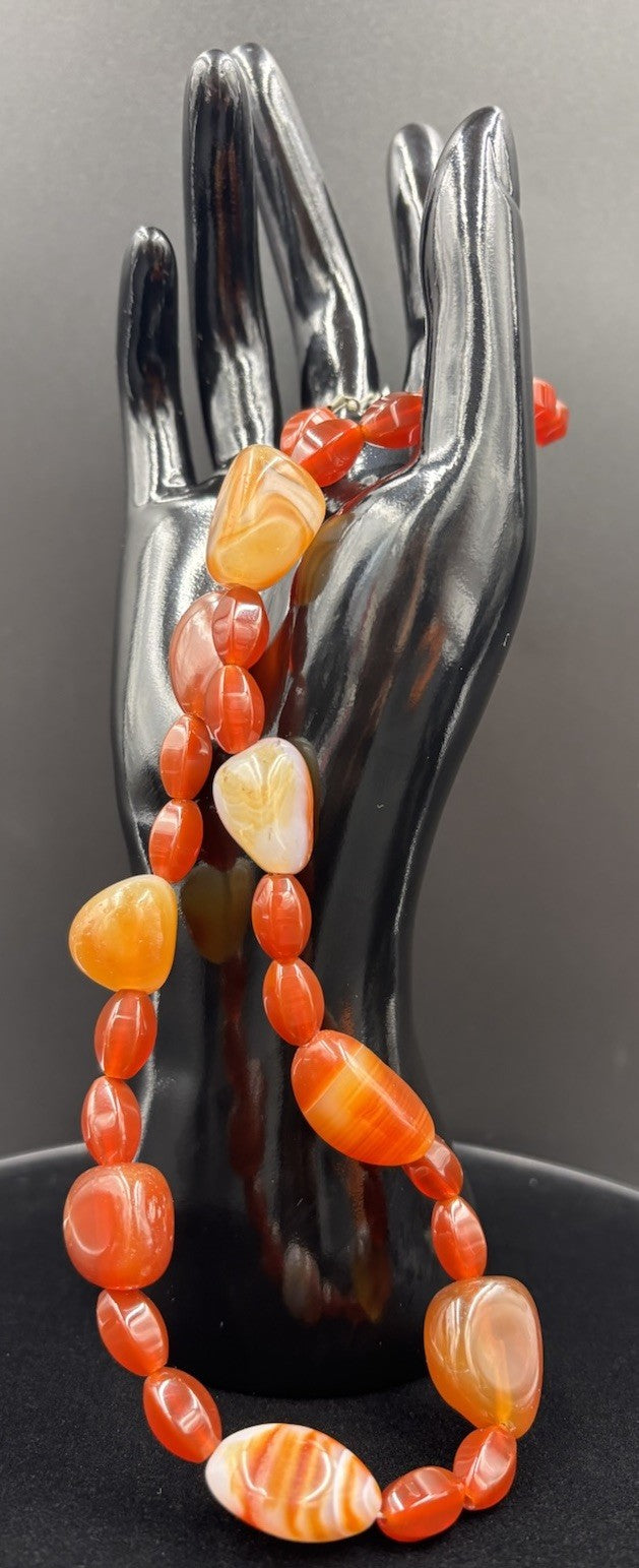 Vintage Banded Carnelian Bead Necklace Warm Tones Polished Statement