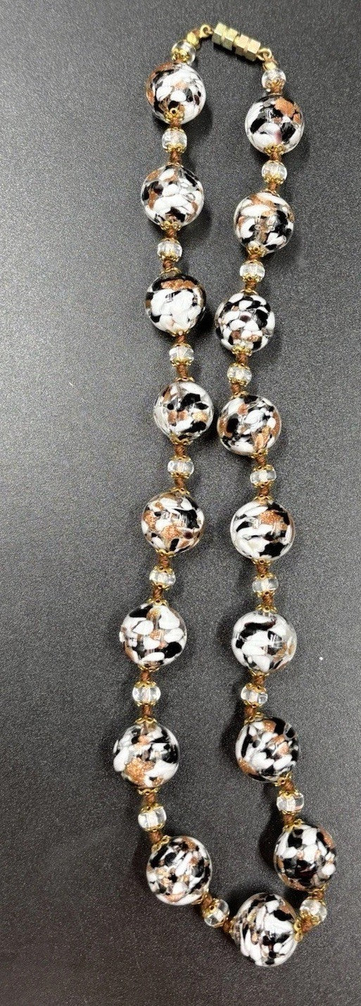 Vintage Murano Glass Venetian White Black Rose Gold Leaf Marble Accents Necklace