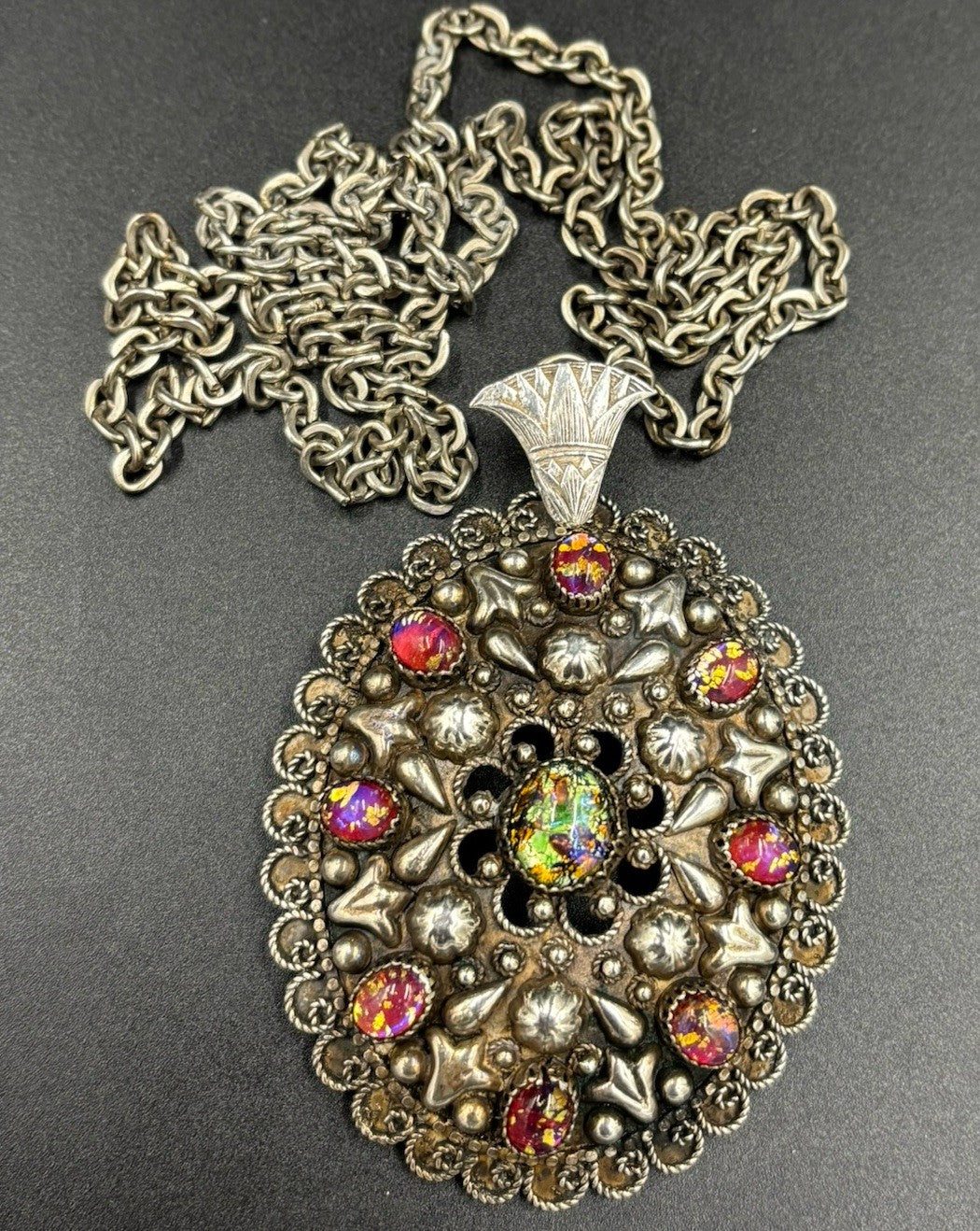Vintage Sterling Silver Etruscan Egyptian Revival Necklace Foil Art Glass