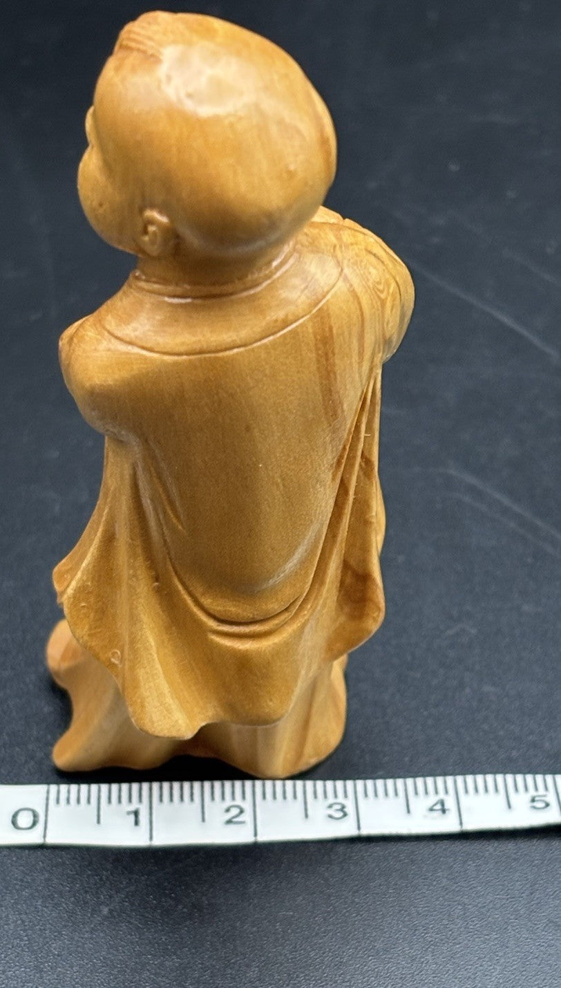 Vintage Chinese Hand Carved Wooden Monk Child Figurine Holding Bowl PRC