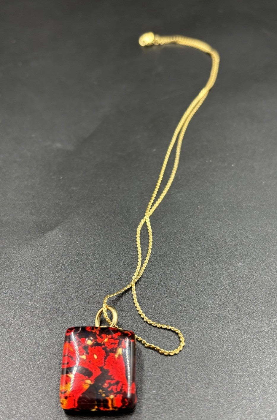 Vintage Murano Style Red Black Art Glass Pendant Necklace Gold Tone Chain