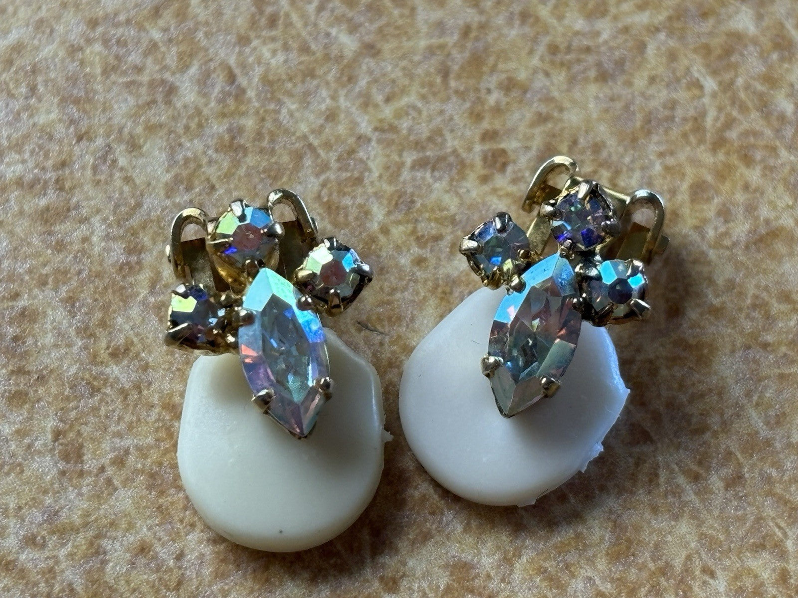 Vintage Unsigned Ice Blue Aurora Borealis Rhinestone Clip Earrings Mid Century