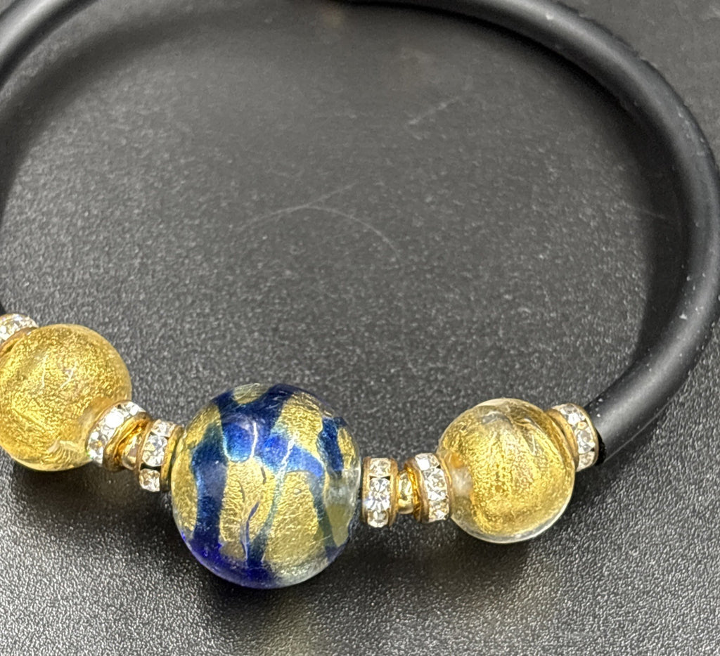 Vintage Murano Glass Bracelet Italy Blue Gold Beads with Rhinestone Accents