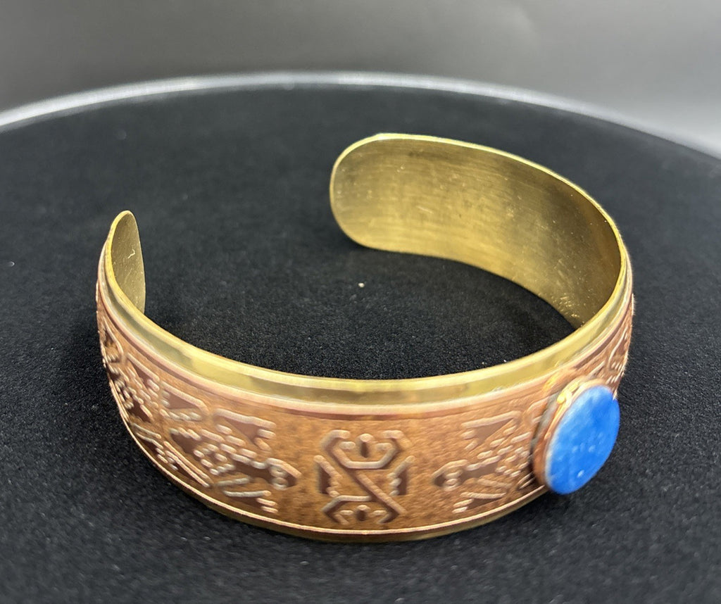 Vintage Brass Copper Cuff Bracelet With Lapis Lazuli Stone.