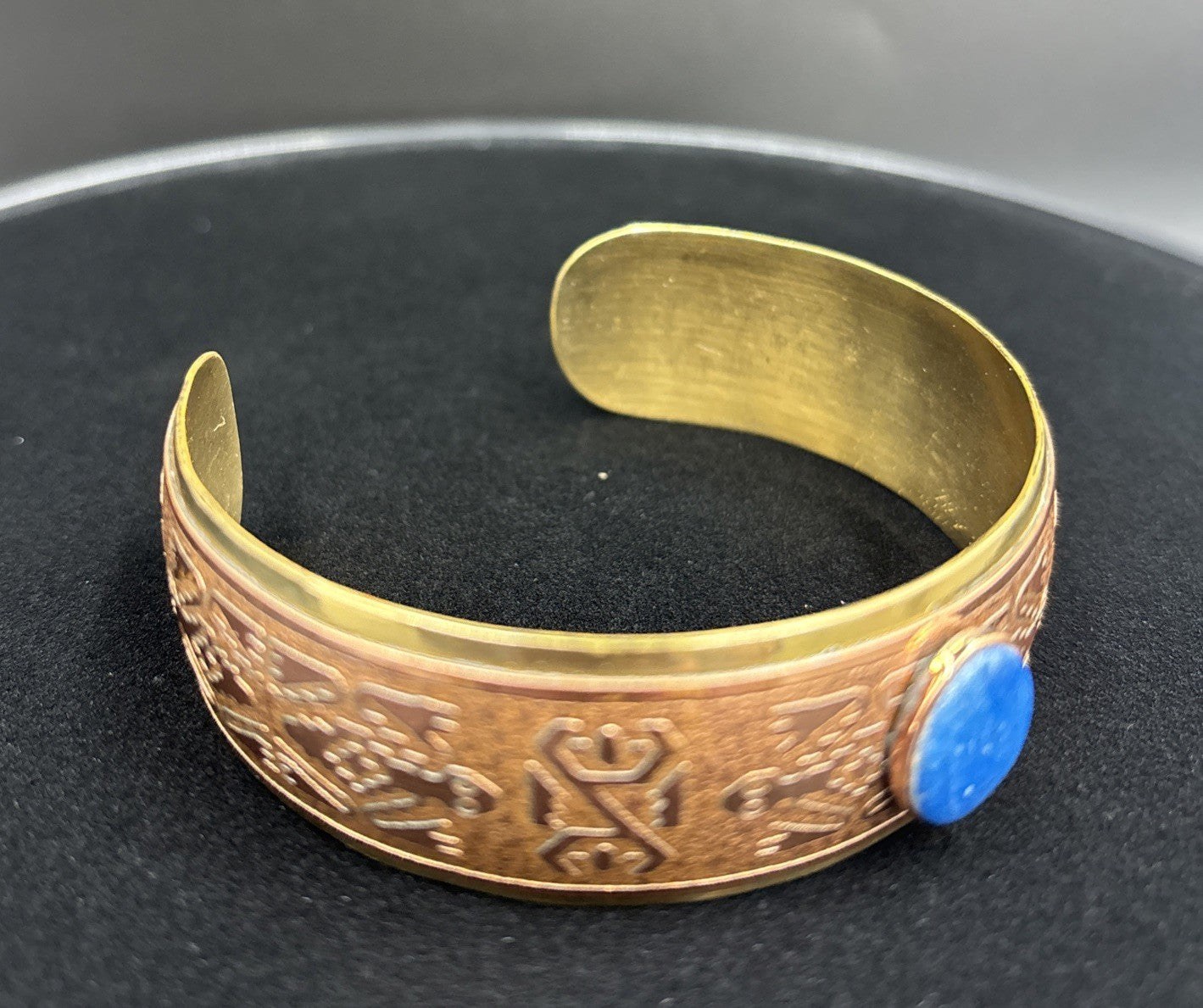 Vintage Brass Copper Cuff Bracelet With Lapis Lazuli Stone.