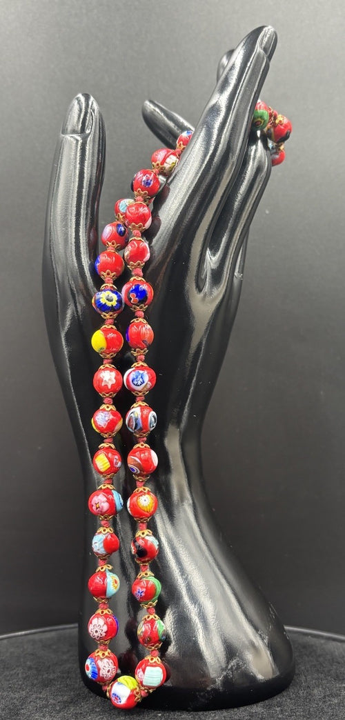 Vintage Murano Millefiori Glass Necklace Red Beads Venetian 1950s Italy
