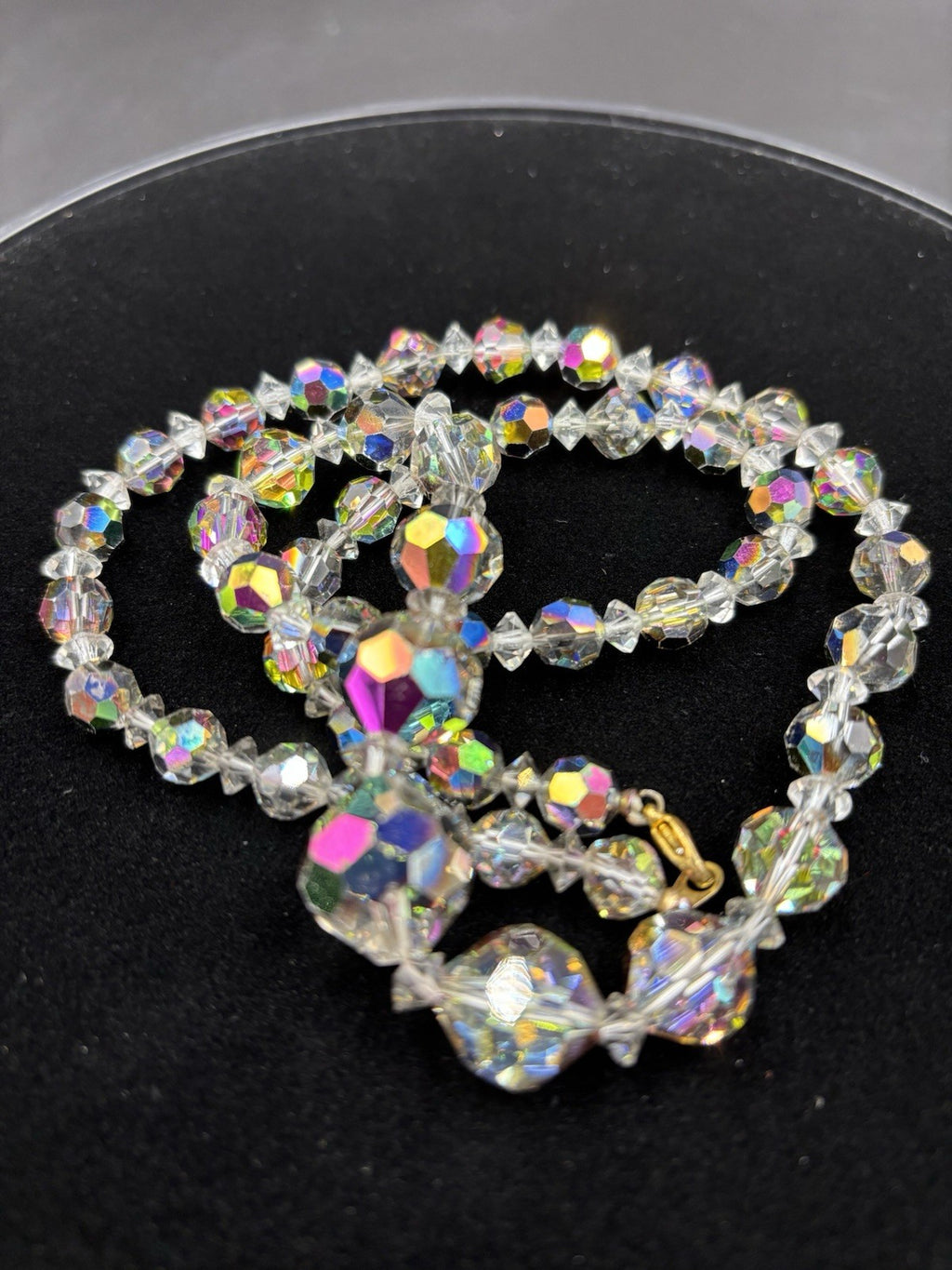 Vintage Aurora Borealis Crystal Bead Necklace Faceted Glass, Mid-Century