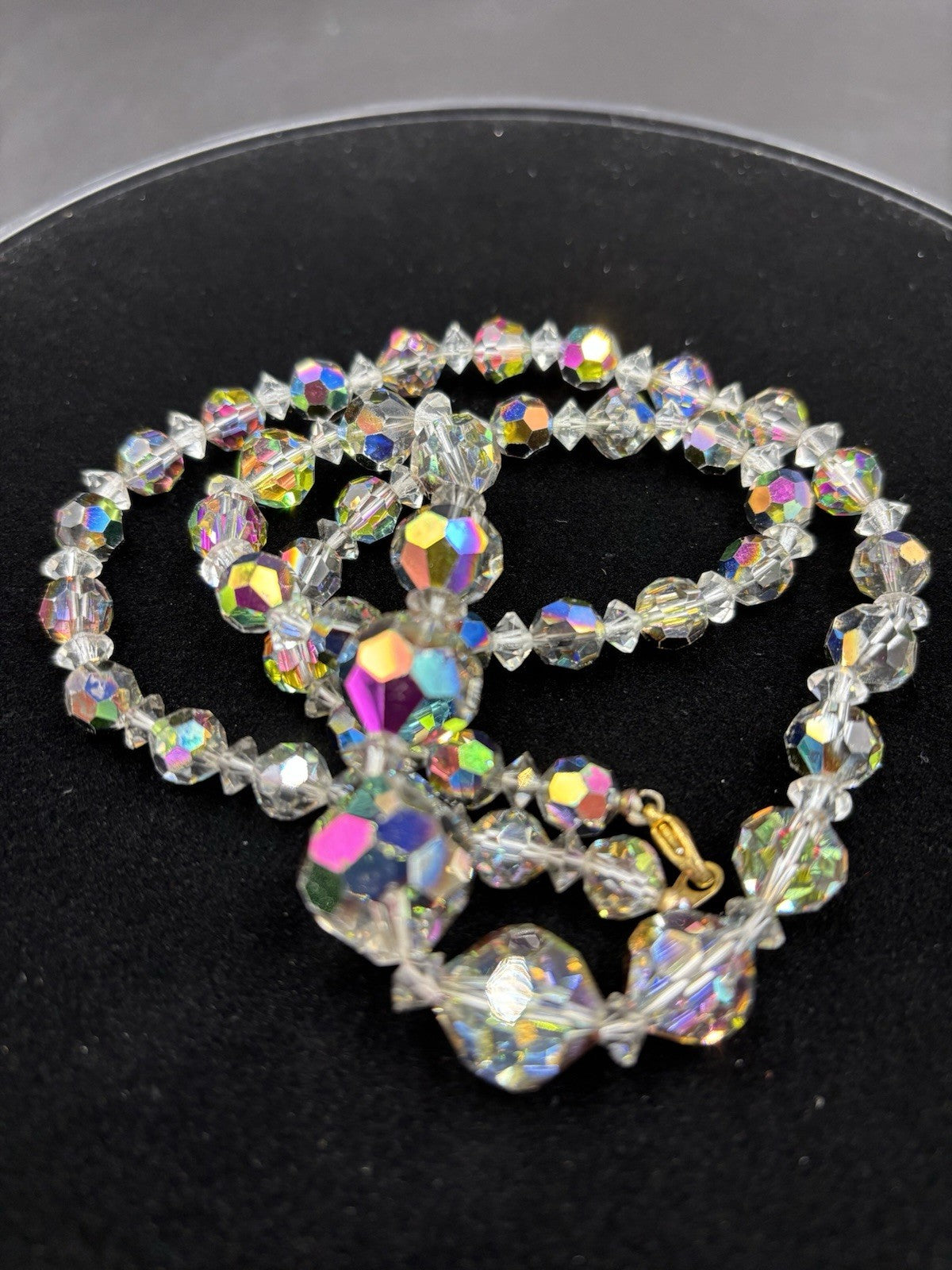 Vintage Aurora Borealis Crystal Bead Necklace Faceted Glass, Mid-Century
