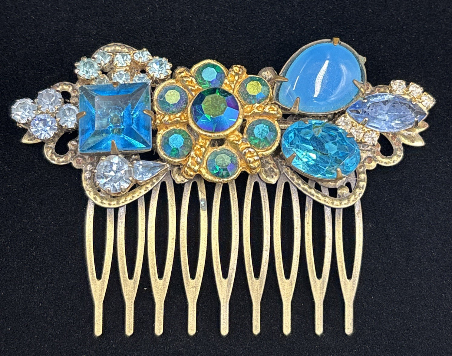 Vintage Blue Rhinestone & Art Glass Floral Hair Comb  Aurora Borealis Accents