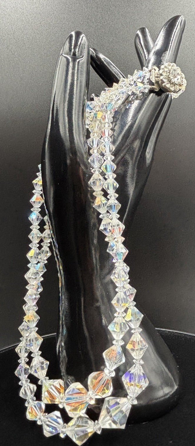 Vtg Double Strand Sparkling Aurora Borealis AB Glass Crystal Necklace & Earrings