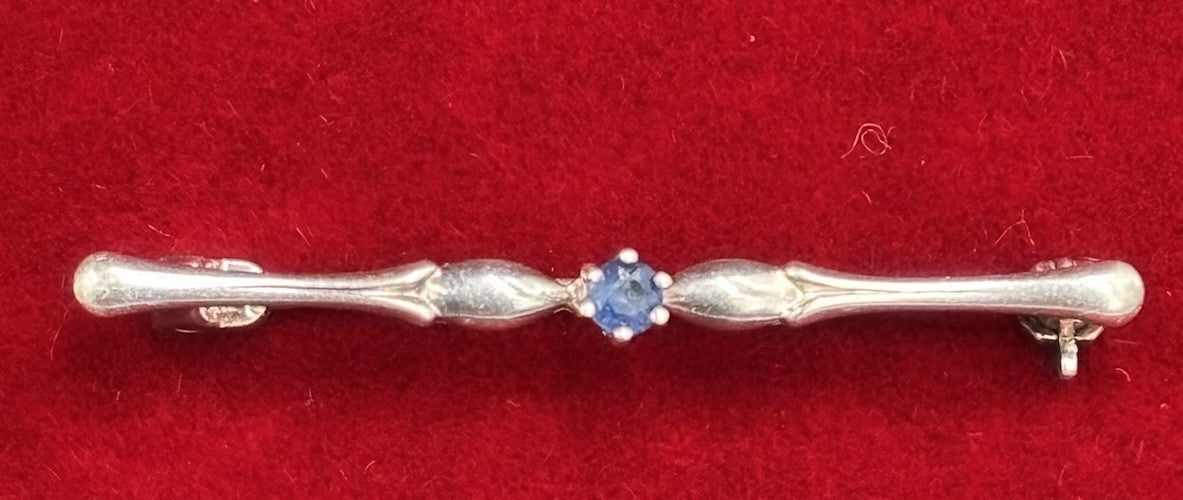 German Antique 925 Silver Bar Brooch AD Signed Blue Sapphire