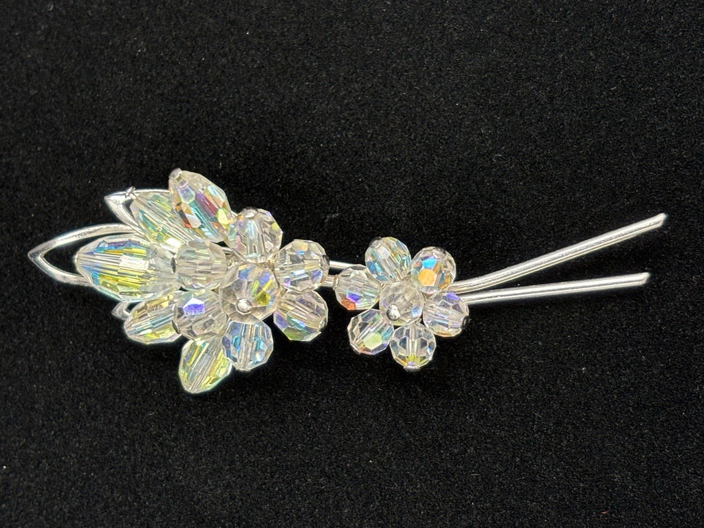 Aurora Borealis Glass Clear Crystal Brooch Flowers Gold Tone  Silver Tone