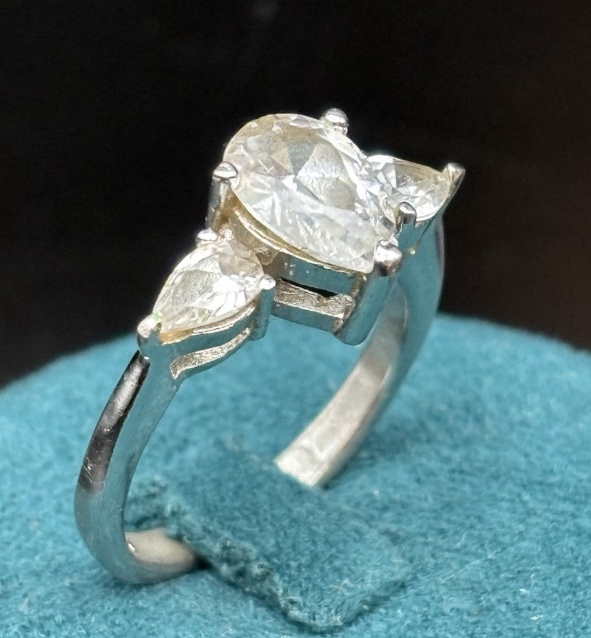 Vintage Sterling Silver Pear Cut CZ Trilogy Ring Marquise Accents Size 8.25