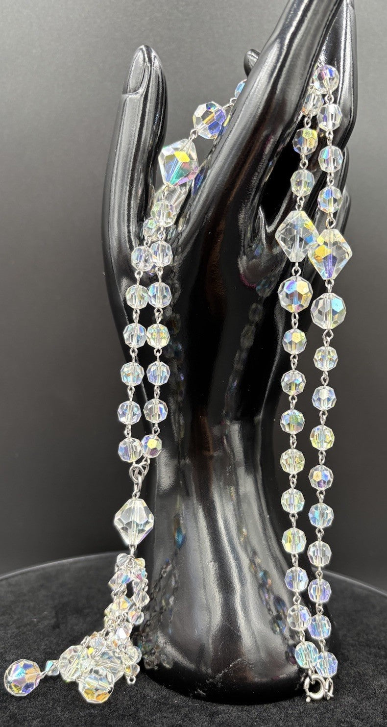 Vintage 1950s Aurora Borealis Crystal Necklace & Earrings Set Tassel Drop