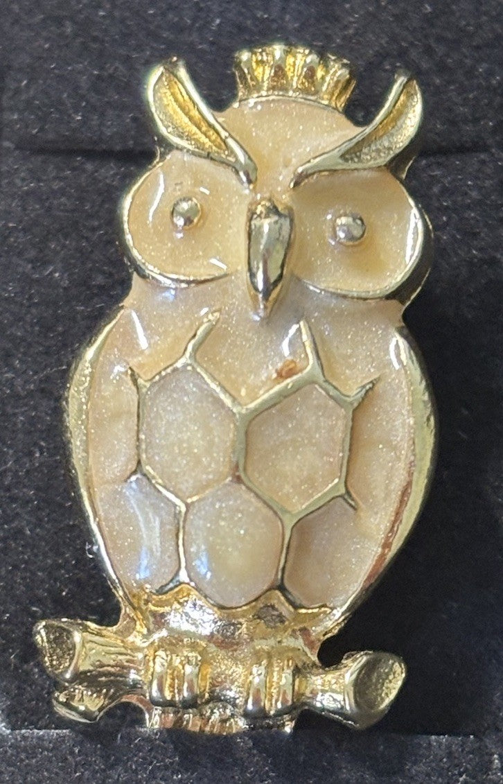 Vintage Hollywood Owl Brooch Gold Tone Figural Enamel Mid Century Jewelry