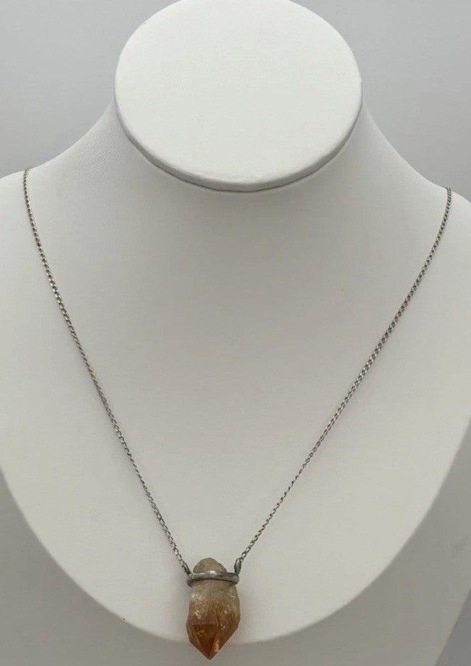 Vintage Sterling Silver Natural Citrine Crystal Pendant Necklace 45cm Artisan