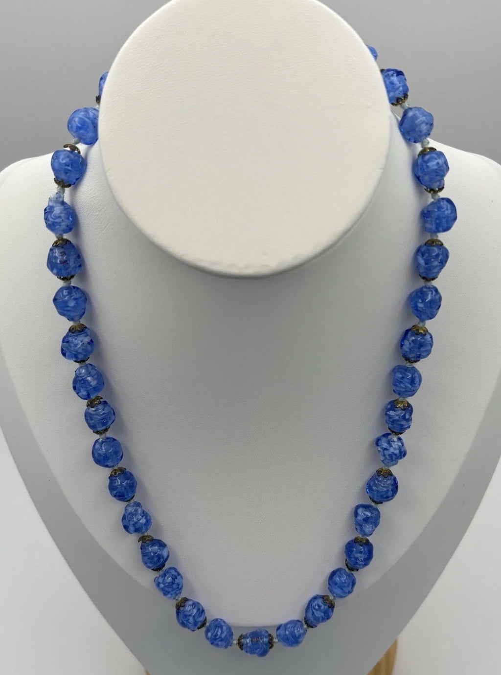 Vintage Blue Marbled Glass Bead Necklace 1950s Czech Jewelry