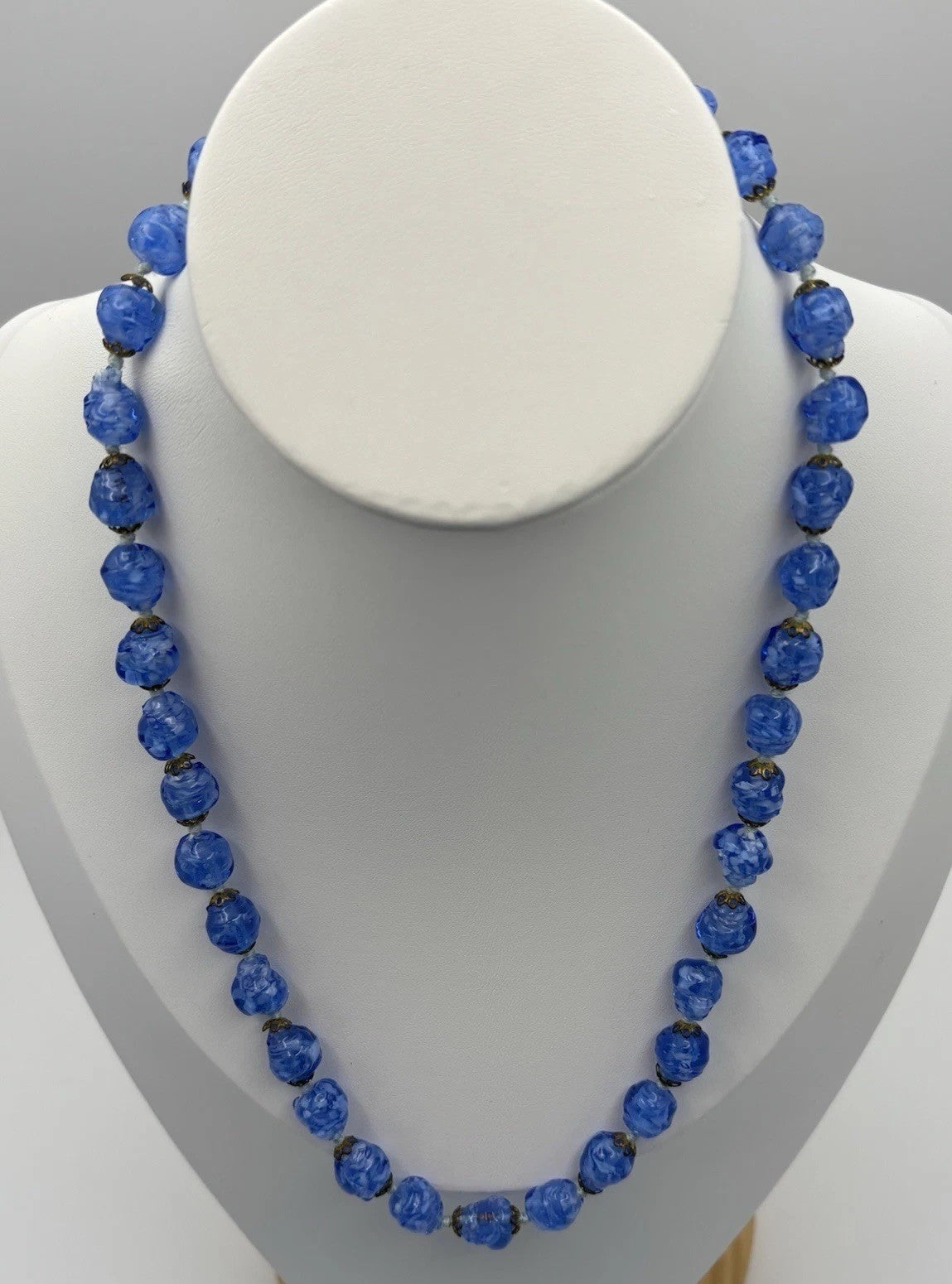 Vintage Blue Marbled Glass Bead Necklace 1950s Czech Jewelry