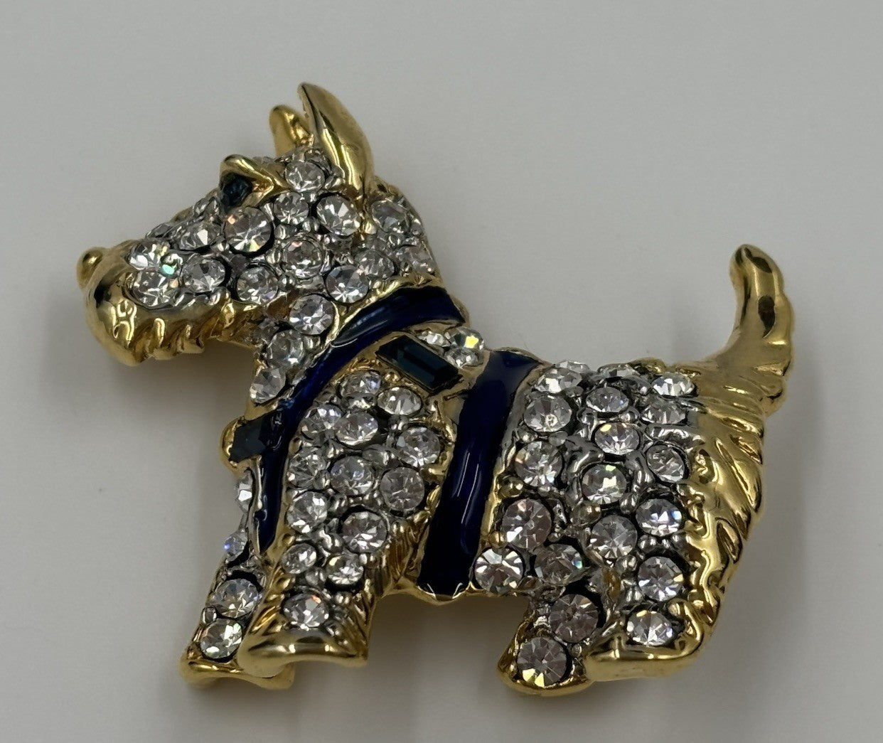 Vintage Crystal Terrier Dog Brooch Gold Tone Blue Enamel 3.5cm