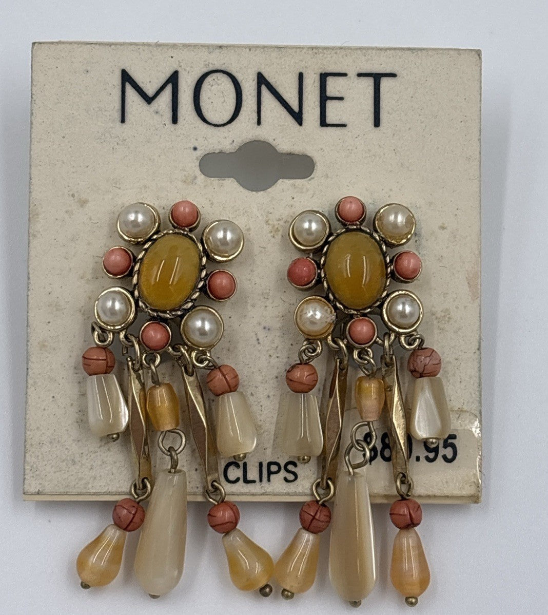 Vintage Monet Chandelier Earrings Clip On Faux Pearl Coral Beads 1980s NOS Card