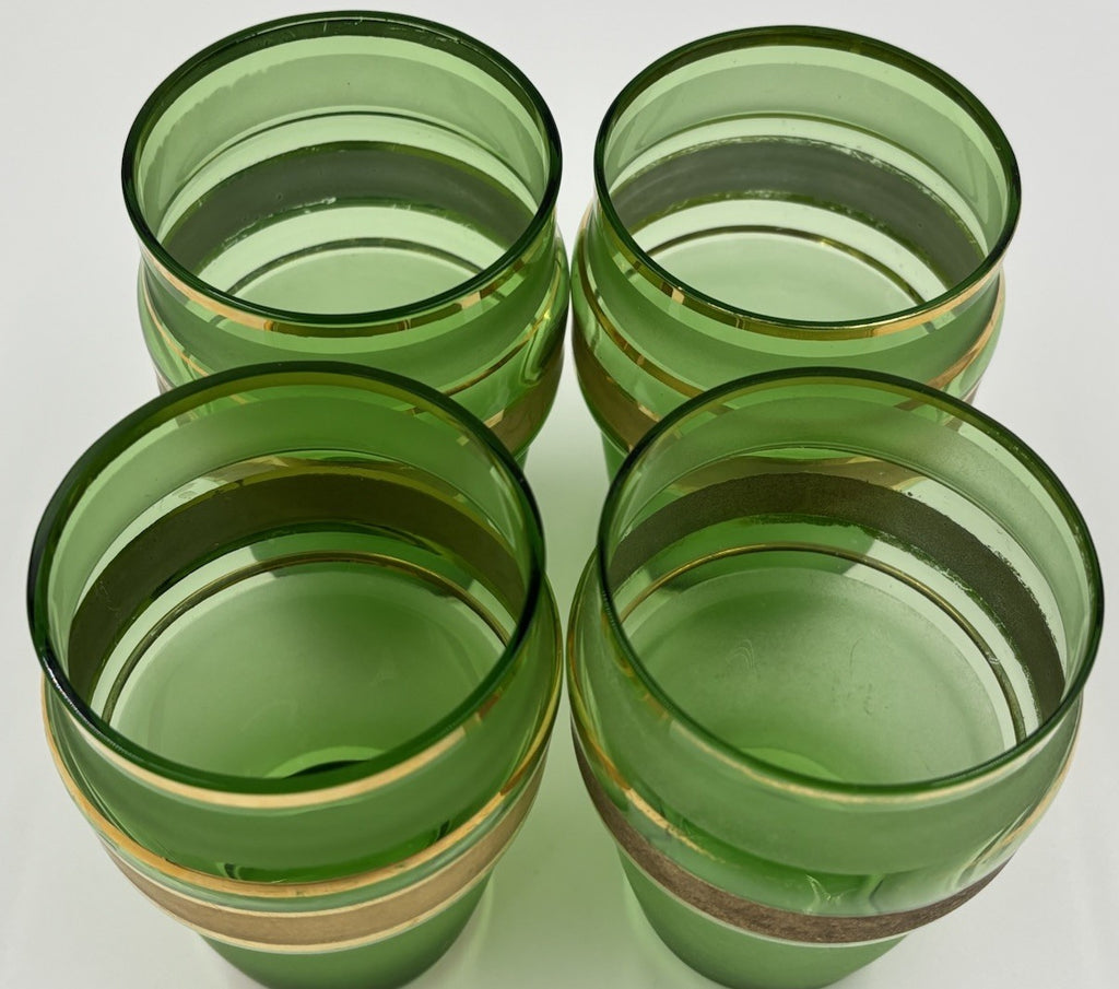 Vintage 1950s Bohemian Green Glass Pitcher & Tumbler Set Gold Fruit Band 5pc