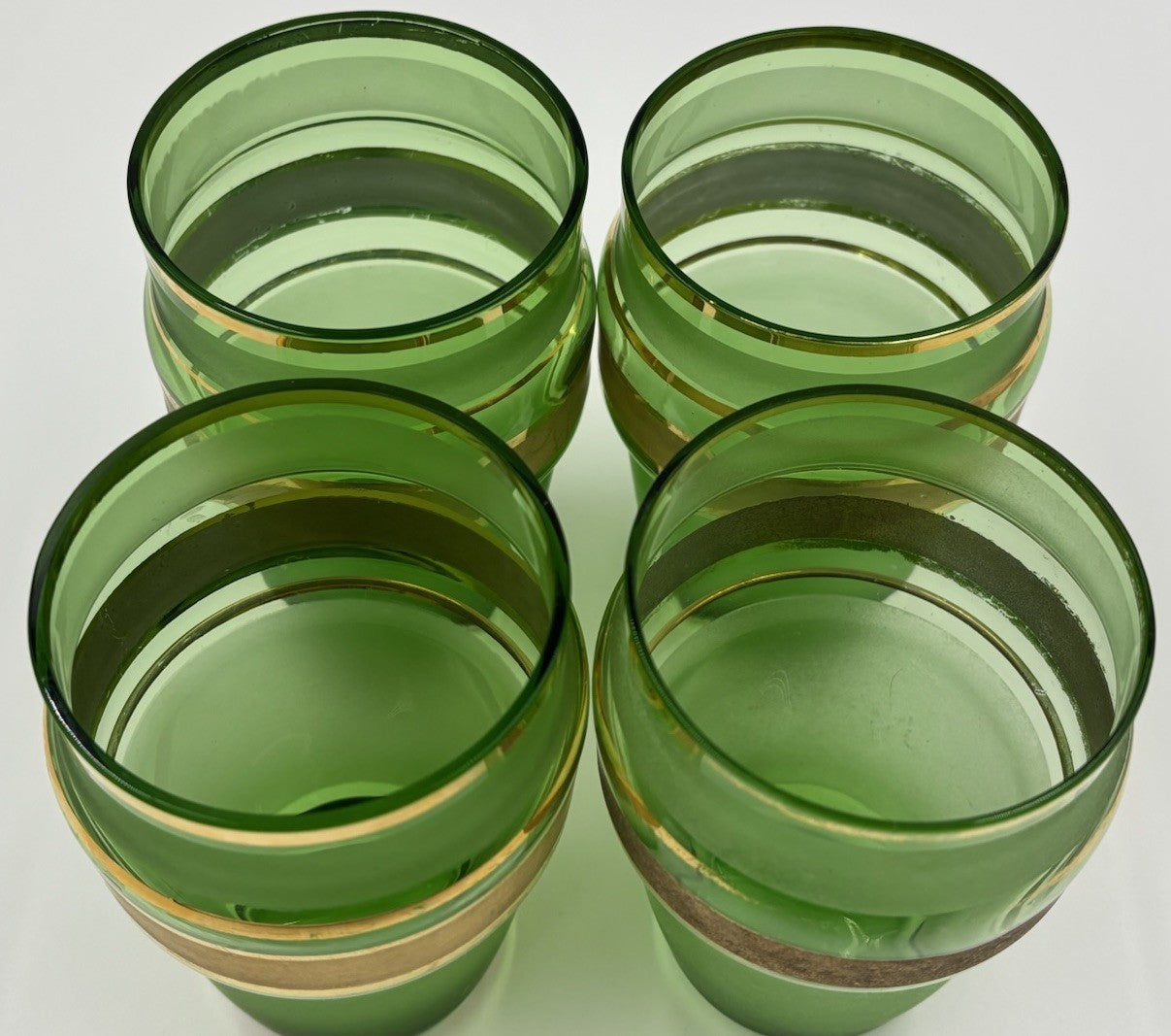 Vintage 1950s Bohemian Green Glass Pitcher & Tumbler Set Gold Fruit Band 5pc