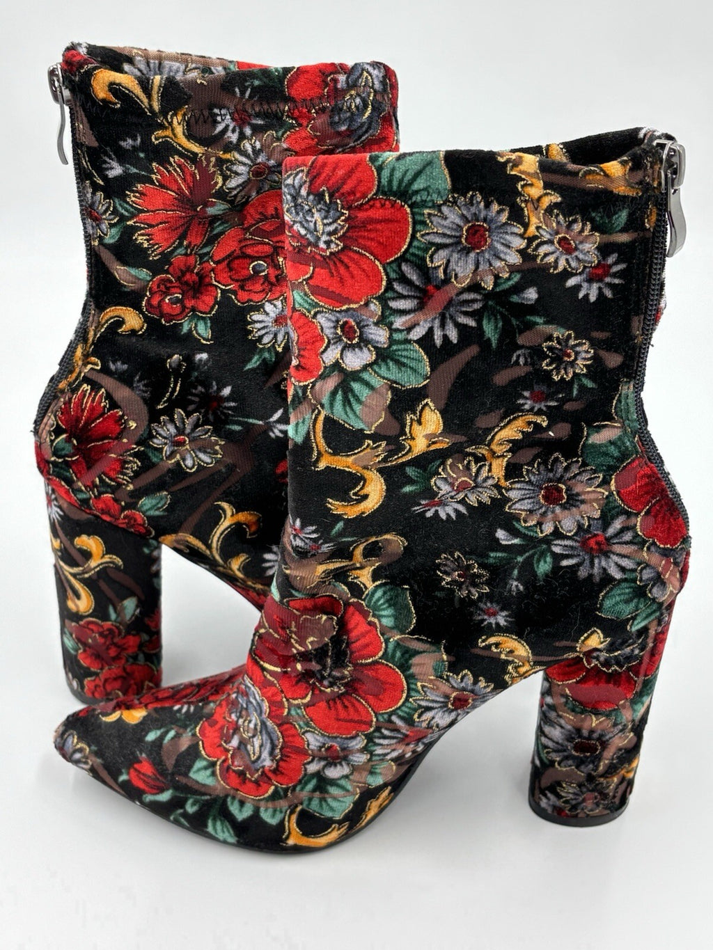 Public Desire Floral Velvet Ankle Boots AU 6 Black Red Gold Block Heel Zip