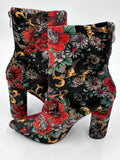 Public Desire Floral Velvet Ankle Boots AU 6 Black Red Gold Block Heel Zip