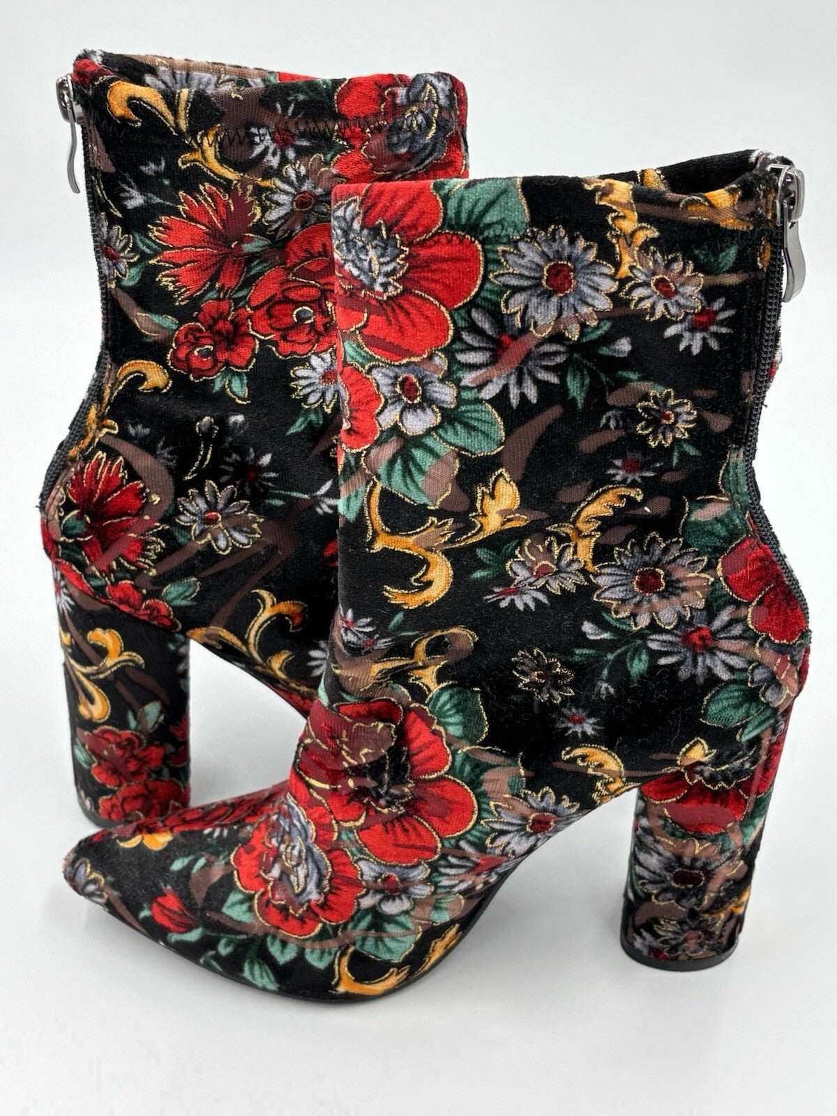 Public Desire Floral Velvet Ankle Boots AU 6 Black Red Gold Block Heel Zip