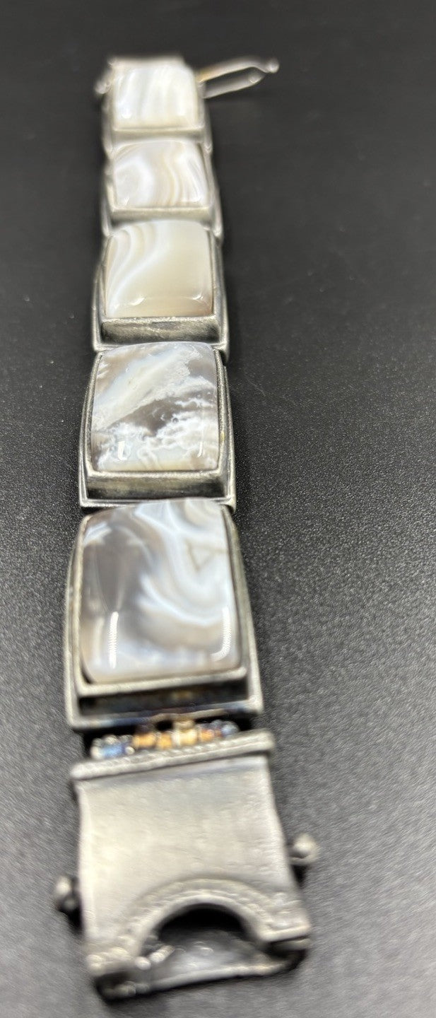 Vintage Agate Panel Bracelet – Mid Century Modernist Silver Tone Jewelry