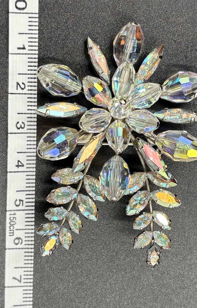 Vtg 1950s Aurora Borealis Crystal Spray Brooch Mid Century Silver Tone Floral