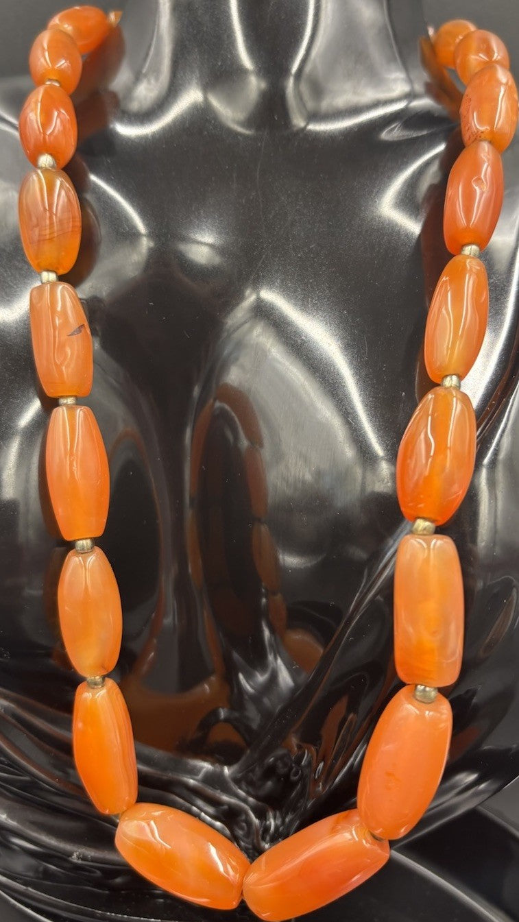 Vintage Orange Art Glass Necklace Swirled Barrel Beads, Mid-Century