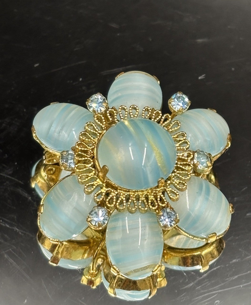 Vintage 1950s Vintage AUSTRIA Moonglow Glass Flower Brooch Signed