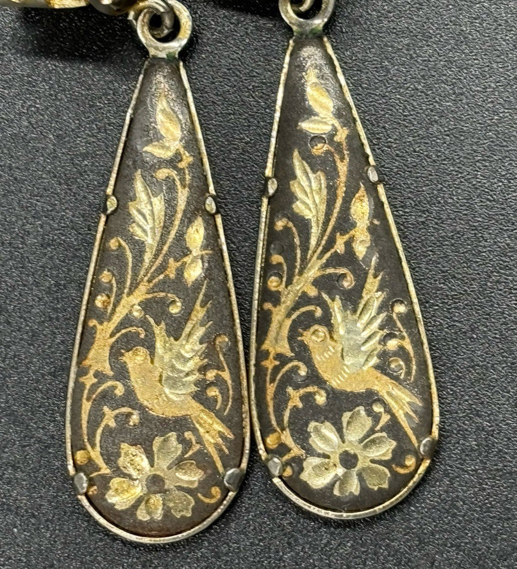 1970s spanish damascene gold and black floral bird dangle clip on earrings