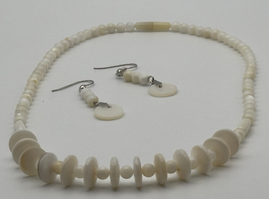Vintage White Shell Bead Necklace & Earrings Set Natural Organic Jewelry