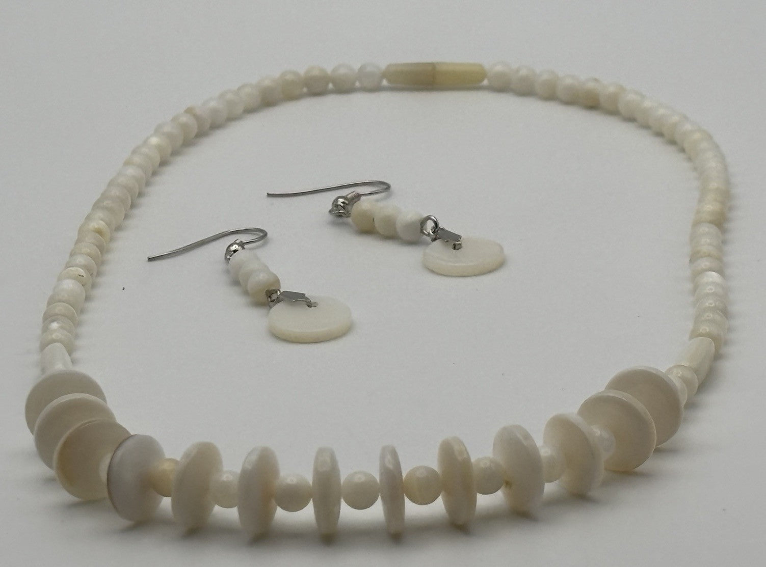 Vintage White Shell Bead Necklace & Earrings Set Natural Organic Jewelry