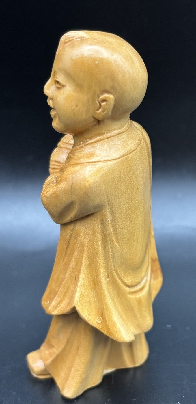 Vintage Chinese Hand Carved Wooden Monk Child Figurine Holding Bowl PRC