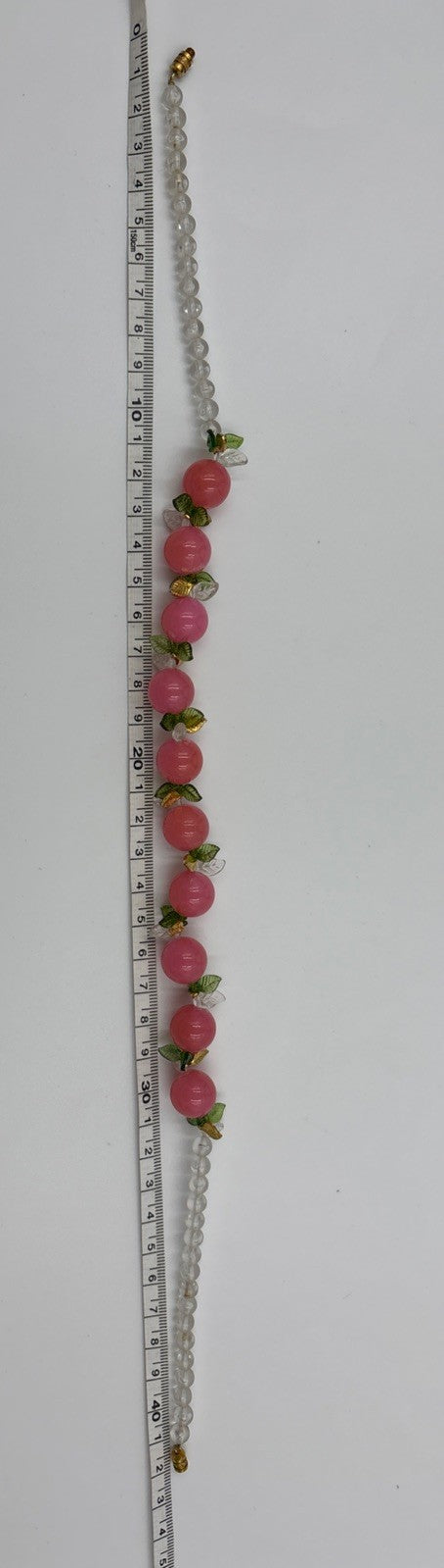 Vintage Pink Bead Fruit Necklace Clear Beads Gold and Green Leaf Accents