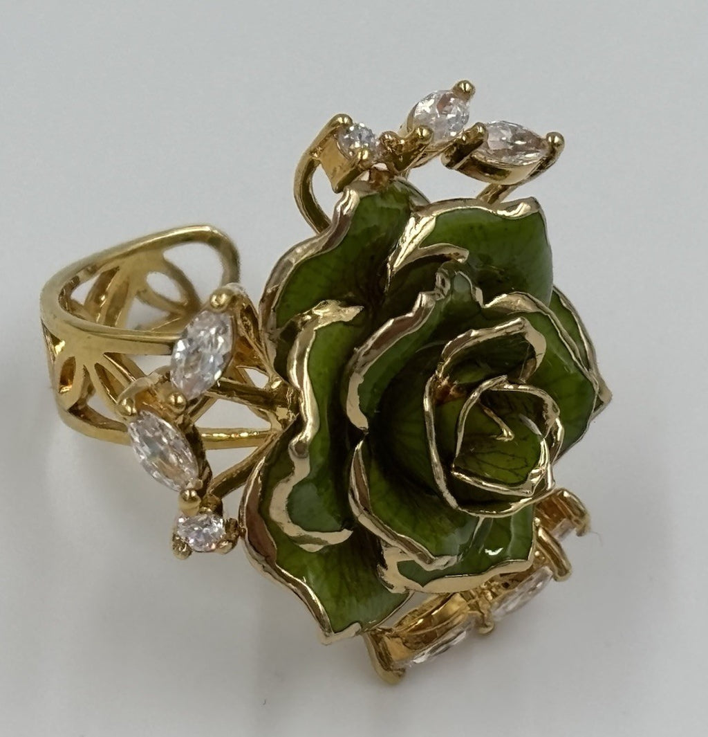 Green Enamel Rose Cocktail Ring Gold Tone Marquise Rhinestone Statement Jewelry