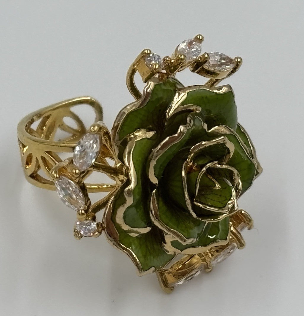 Green Enamel Rose Cocktail Ring Gold Tone Marquise Rhinestone Statement Jewelry