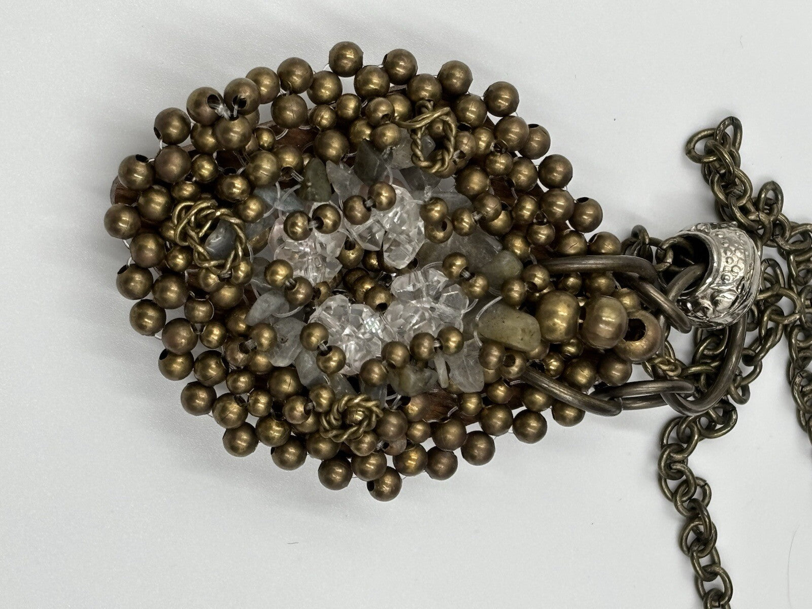 Pam Miran Vintage Signed Wooden Beaded Lariat Brass Tone Lang Necklace