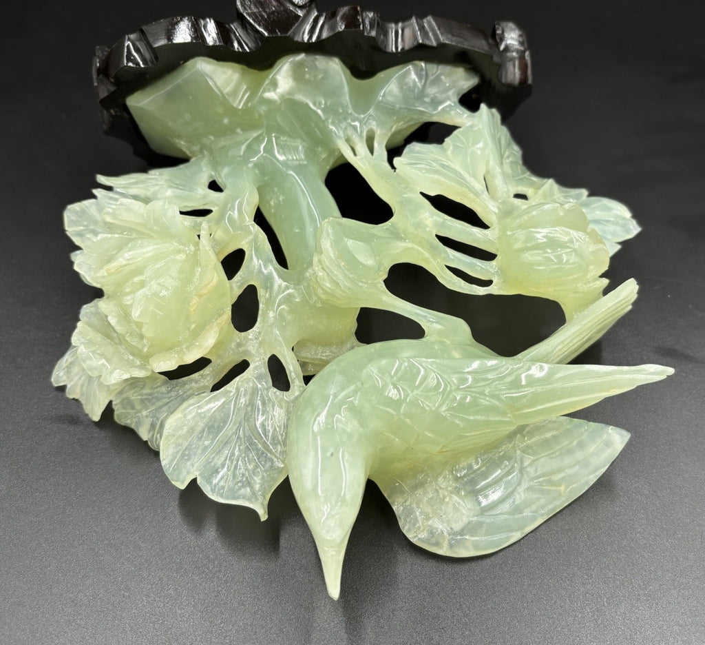 Large Chinese Jadeite Jade Bird Floral Carving Hand Carved Display Sculpture