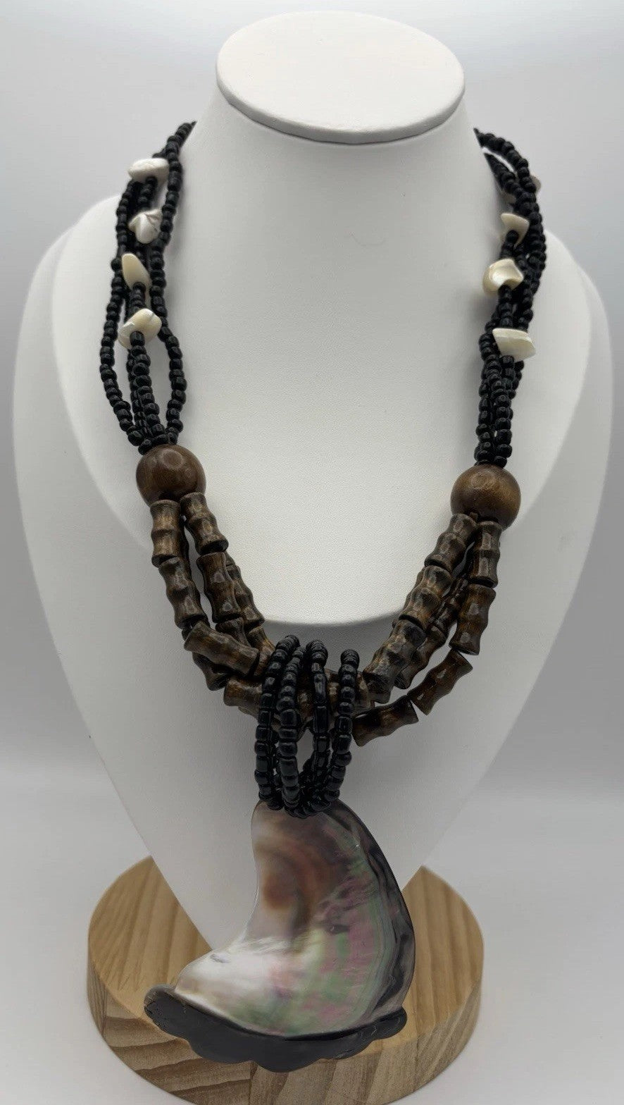 Tribal Shell Pendant Necklace Scalloped Beaded Wood Black White Boho Jewelry