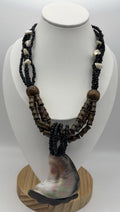 Tribal Shell Pendant Necklace Scalloped Beaded Wood Black White Boho Jewelry