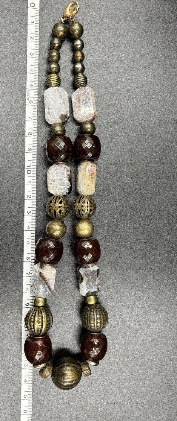 Vintage Natural Agate Beaded Necklace Artisan Statement Earthy Brass Tone