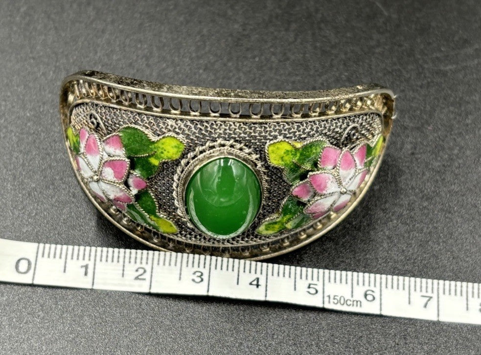 Vintage Chinese Filigree Enamel Hairpin Green Peking Glass Cabochon Beads
