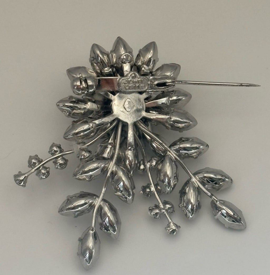 Vtg JewelCrest Brooch Donald Simpson Signed Clear Rhinestones Silver Tone