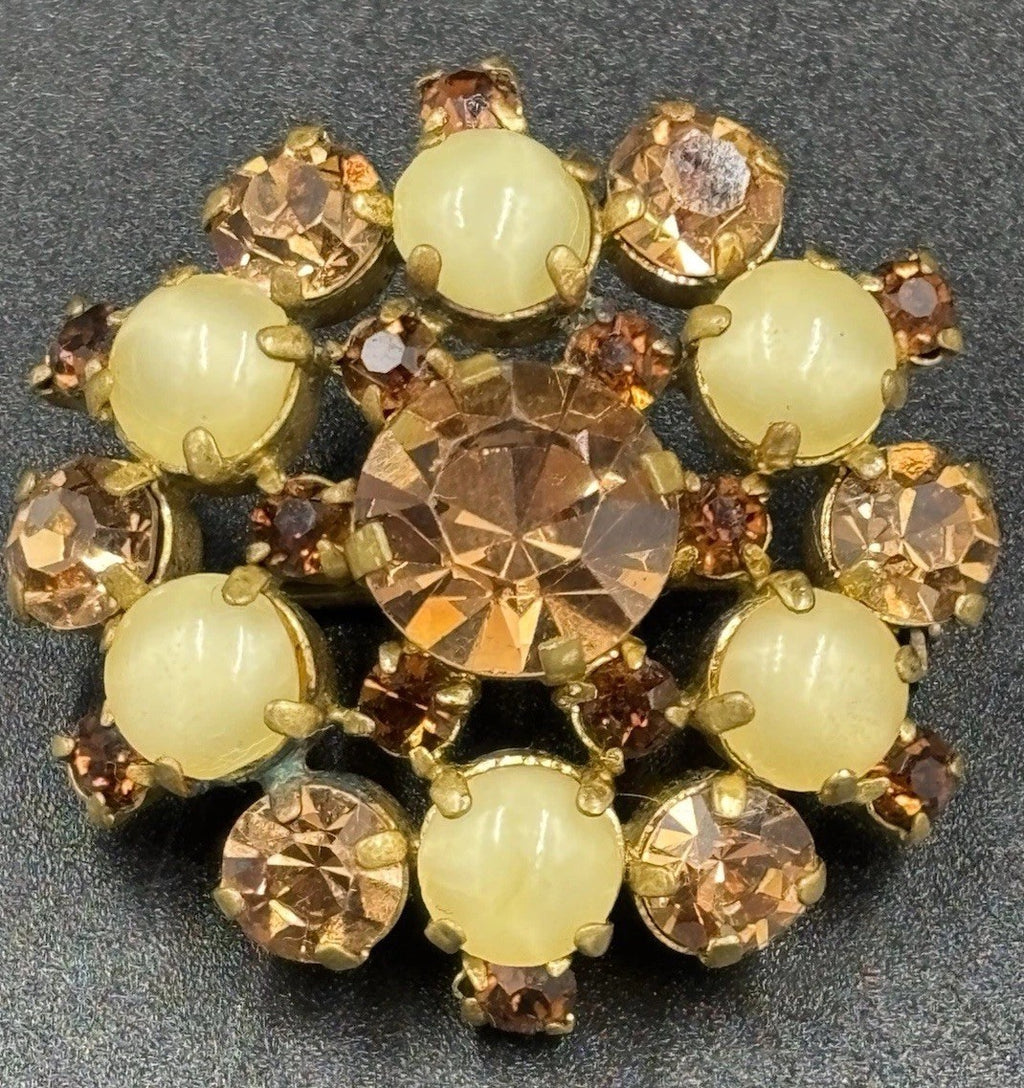 Vintage Amber Rhinestone & Yellow Cabochon Brooch Unsigned