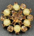 Vintage Amber Rhinestone & Yellow Cabochon Brooch Unsigned